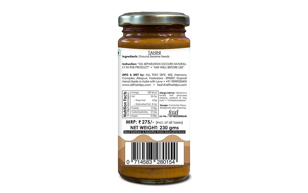 Bechef Tahini Stone Ground Sesame Seeds   Glass Jar  230 grams